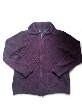 Karen Scott Women's Purple Knit Collared Argyle Sweater Jacket M